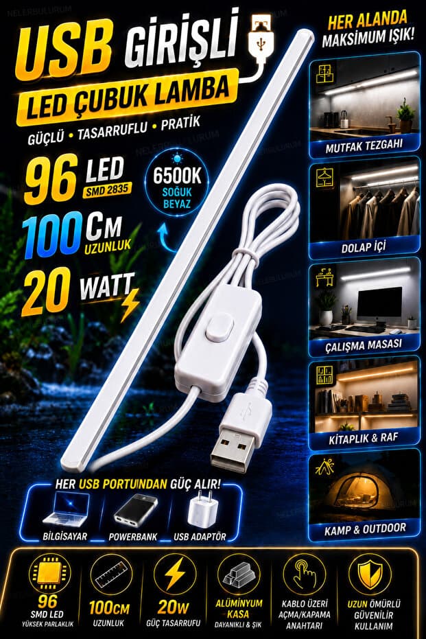 nelerbulurum USB Girişli 100 Cm 96 Led 20 Watt Akvaryum Led Lamba 6500K Soğuk Beyaz Alüminyum Kasa