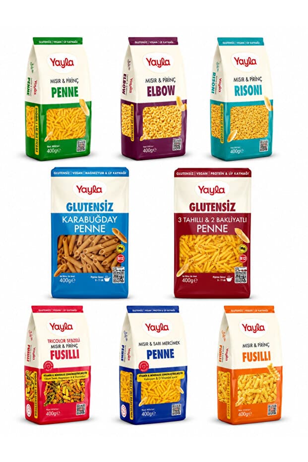 Yayla 8 Li Doğal Glutensiz Makarna serisi 400 Gr(Elbow-Penne-Fusulli-Risoni)