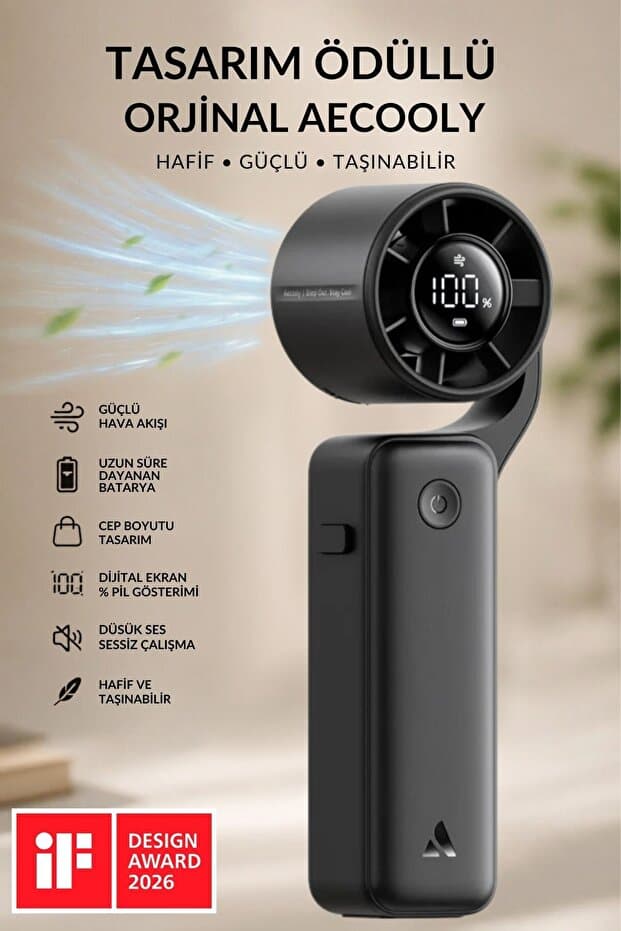 Aecooly PF04 Dijital LED Göstergeli 5 Kademeli Portatif Soğutucu El Fanı Siyah