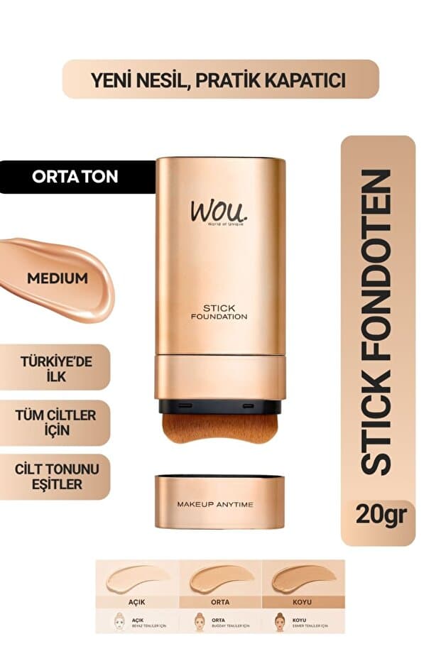 WOU World of Unique Stick Fondöten, Fırçalı Pratik Kapatıcı, 2 in 1, 20 gr, Orta Ton