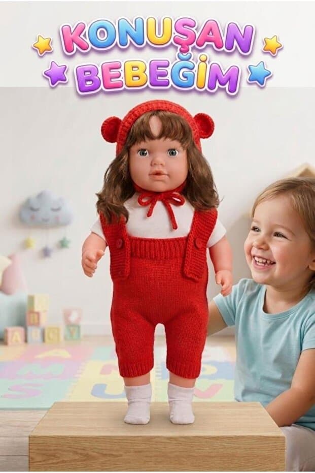 Tıfıl Toys Konuşan Bebeğim 60 cm Türkçe Konuşan Örgü Tulum ve Şapkalı Kafası Bacakları Kolları Et Oyuncak Bebek