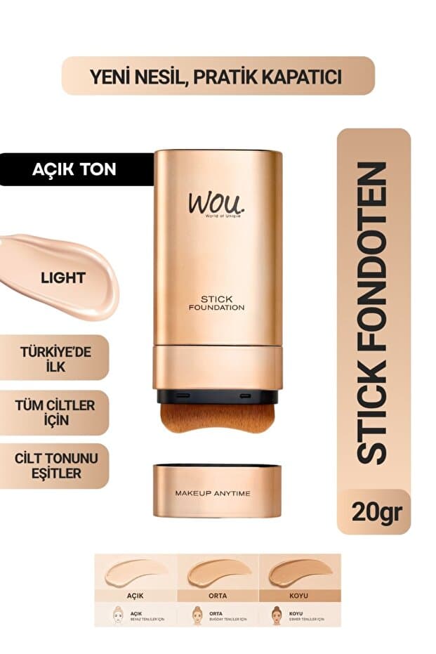 WOU World of Unique Stick Fondöten, Fırçalı Pratik Kapatıcı, 2 in 1, 20 gr, Açık Ton