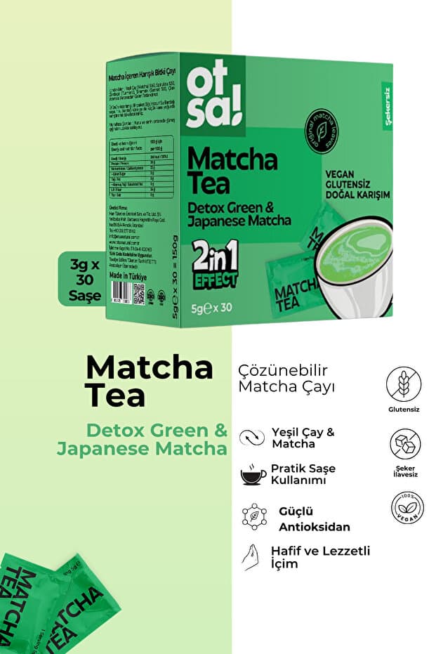 Otsa Japanese Matcha Çayı; Çilek Aromalı, Spirulina, Zerdeçal ve Sinameki İçeren Şekersiz, Glutensiz Karışım