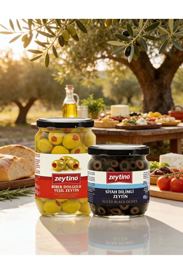 Zeytino Biberli Yeşil Zeytin 400 gr (141/160) 4XL Cam Kavanoz & Siyah Dilimli Zeytin 200 gr Cam Kavanoz