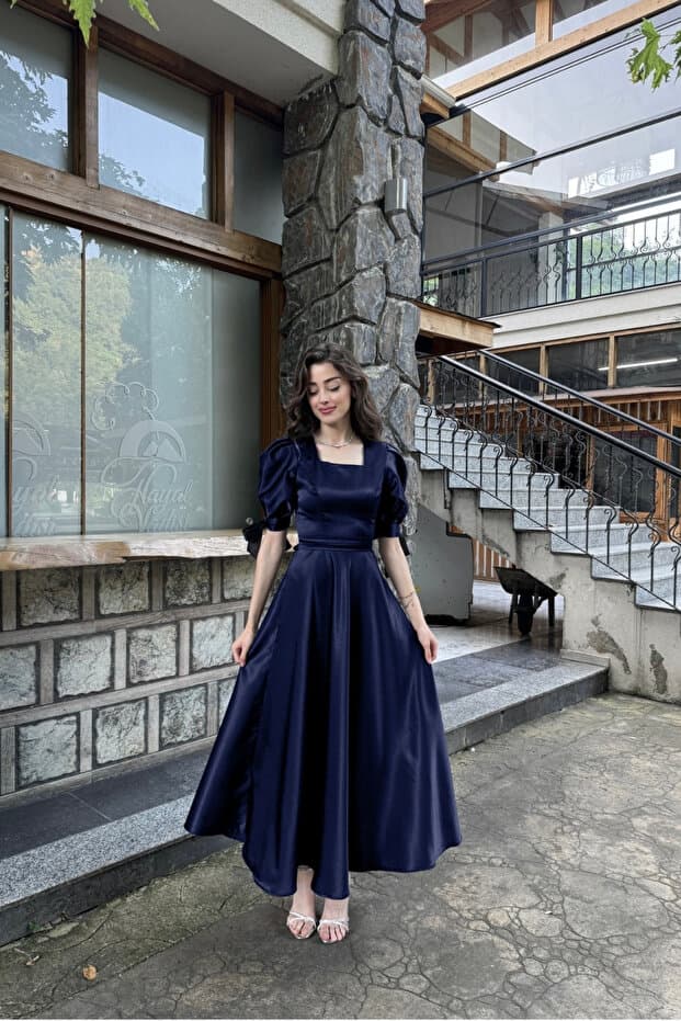 Nika Fashion LACİVERT SATEN RÜYA ELBİSE