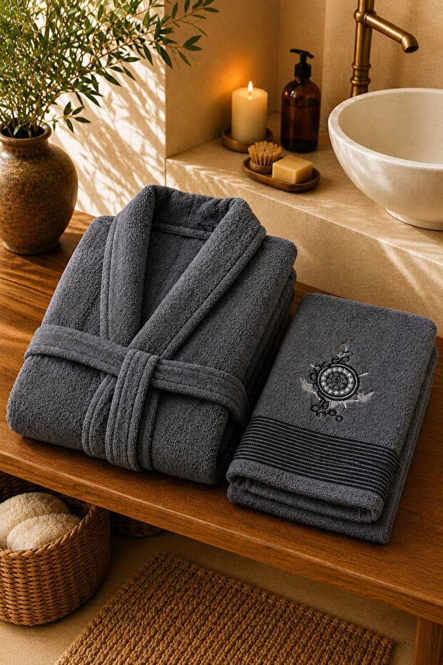 sternen glanz Hera %100 Pamuk Unisex Havlulu Bornoz 2 Parça Bornoz-Havlu Set / Çeyiz Seti