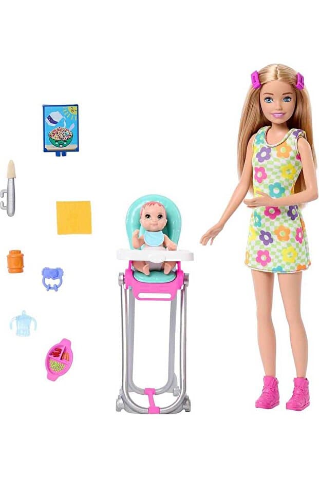 Barbie Skipper Bebek Bakıcısı Sarı Saçlı Bebek ve Oyun Seti Htk35