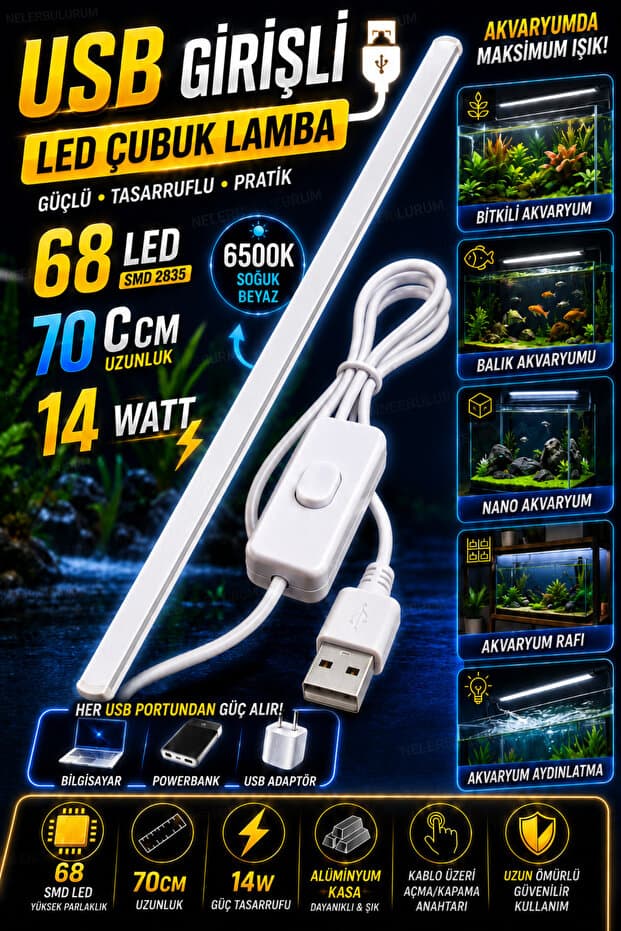 nelerbulurum USB Girişli Akvaryum Led Lamba 70 Cm 68 Led 6500K Soğuk Beyaz Alüminyum Kasa