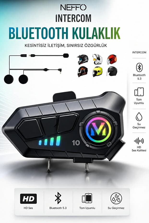 NEFFO V10 5.3 Motosiklet Kask Kulaklık Intercom Işıklı Motorsiklet Interkom