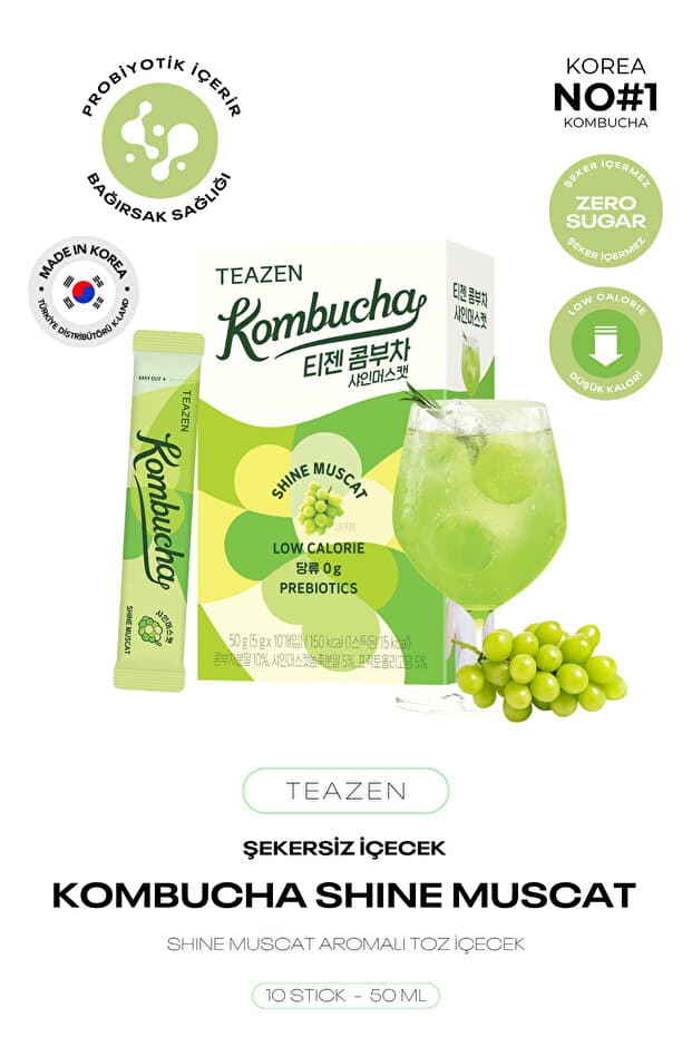 TEAZEN Probiyotik Ve Lif İçeren Bağırsak Sağlığı Destekli Şekersiz İçecek Kombucha Shine Muscat