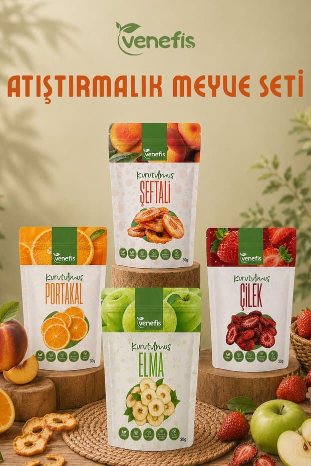 venefis Atıştırmalık Kurutulmuş Meyve Seti 4'lü 30 Gr x 4 (Elma, Çilek, Portakal, Şeftali) Doğal Atıştırmalık - Fiyatı