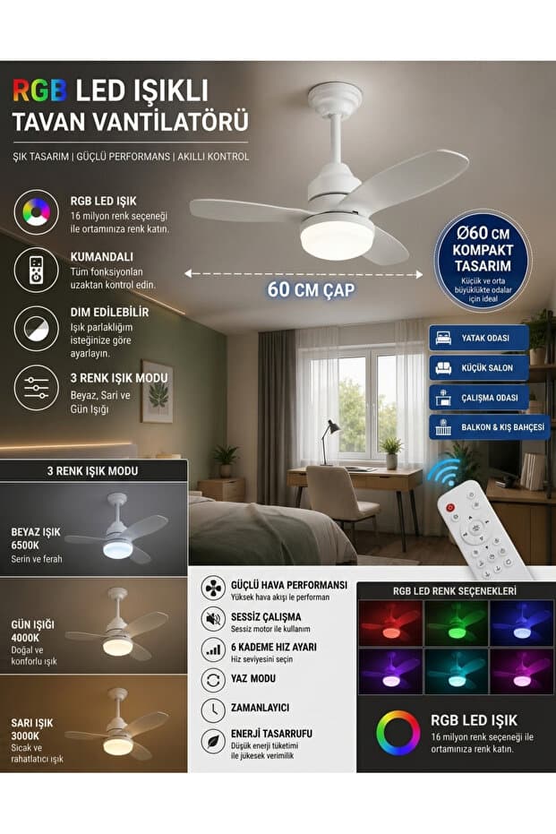 Hoogar German New White Super Fan 60 CM Kalın Kanat Dim Ayarlı Tavan Vantilatörü RGB Led 16 Renk Sessiz Sinek Kovar