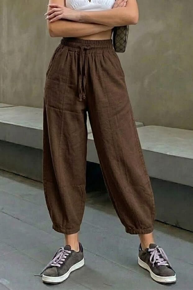 COMBİNE MİCHAİL Kadın Beli Lastikli Kahve Şalvar Pantolon