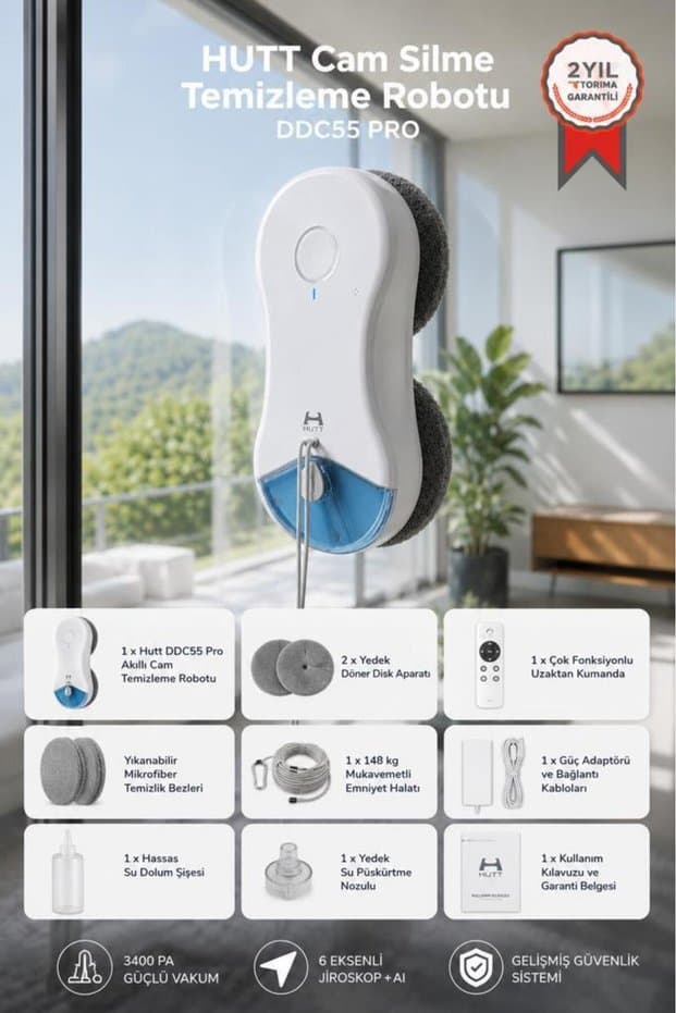 HUTT DDC55 PRO pencere temizleme robotu - pencereler, fayanslar, aynalar ve duvarlar için çok yüzeyli temizleme robotu - 5400Pa emiş gücü, çift motor dönüşü, AI navigasyon ve darbeli püskürtme işlevi - Fiyatı