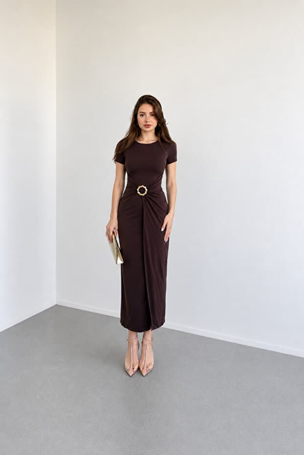 Nika Fashion Meloni Kısa Kollu Aksesuarlı Sandy Elbise