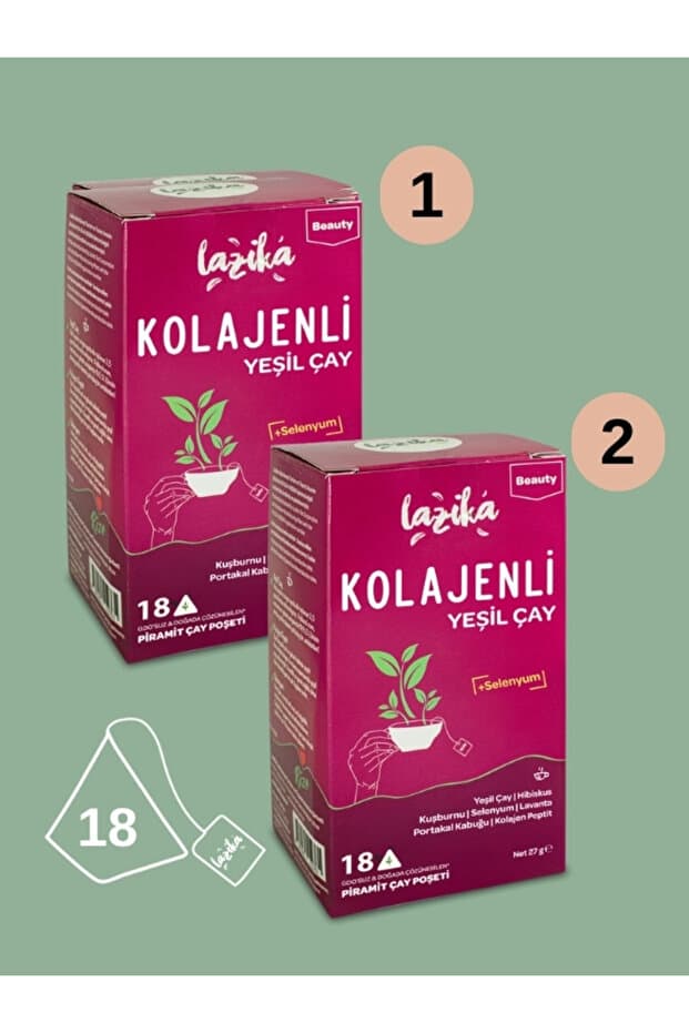 LAZİKA (2'li Set) Kolajenli Yeşil Çay - 237 mg Peptit Kolajen, Hibiskus, Kuşburnu (2x18 Poşet)