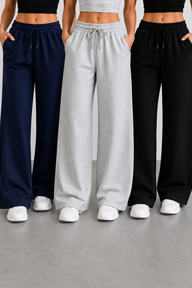 BERYY MODA Üçlü Siyah Gri Lacivert Kadın Bol Paça Eşofman Altı