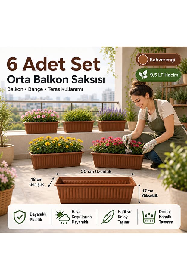 ZİVORA 6 Adet 50 cm Balkon Saksısı 9.5 L Kahverengi Orta Boy Uzun Dikdörtgen Saksı