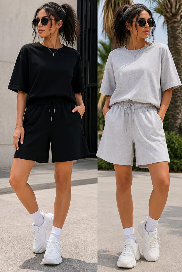 BEAXES 2'li Şort Kadın (Siyah-Gri) Oversize Terletmeyen Beli Bağcıklı Cepli Şort
