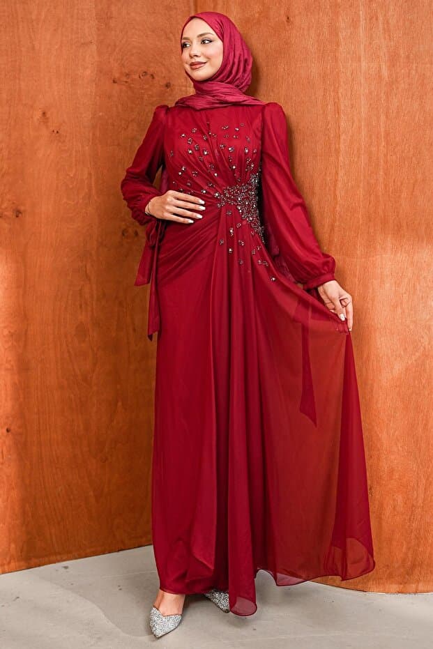 İmajButik Bordo Bel Büzgülü Taşlı Abiye