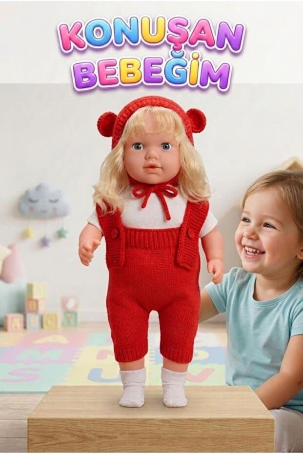Tıfıl Toys Konuşan Bebeğim 60 cm Türkçe Konuşan Örgü Tulum ve Şapkalı Kafası Bacakları Kolları Et Oyuncak Bebek
