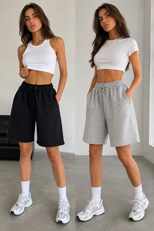 BEAXES 2'li Şort Kadın (Siyah-Gri) Oversize Terletmeyen Beli Bağcıklı Cepli Şort