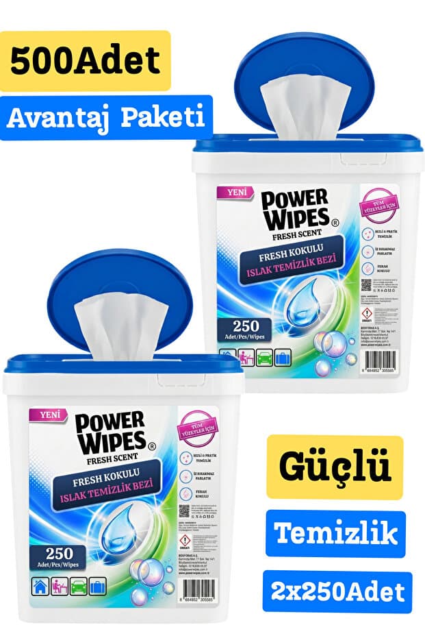 Power Wipes Fresh Kokulu Islak Kova Mendil 500 Adet Tüm Yüzeyler İçin