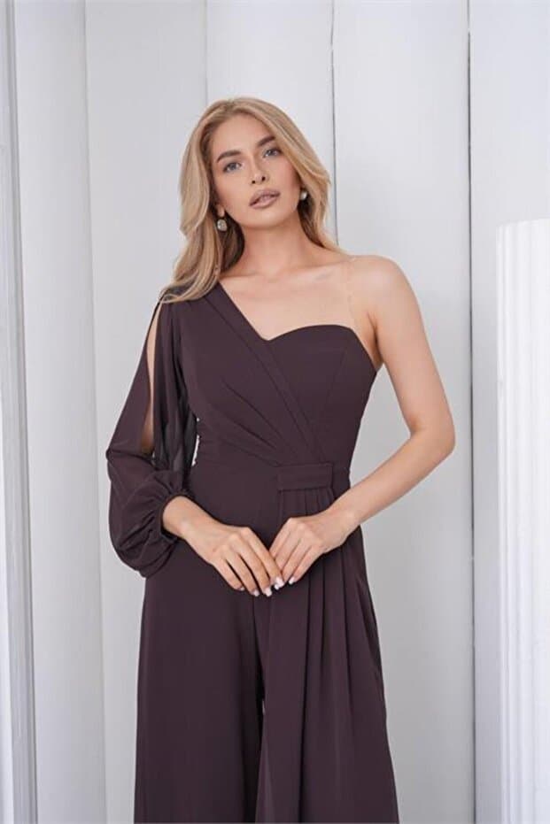 Neşeli Butik kadın kahverengi tek kol astarlı tül kumaş tasarım abiye tulum NBS9389 - Fiyatı