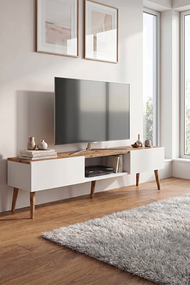ROBEVE 140 cm Modern TV Ünitesi Konsol 2 Kapaklı Ahşap Ayaklı Televizyon Sehpası Salon ve Oturma Odası İçin Şık Tasarımlı TV Konsolu Televizyon Ünitesi TV Ünitesi Konsol
