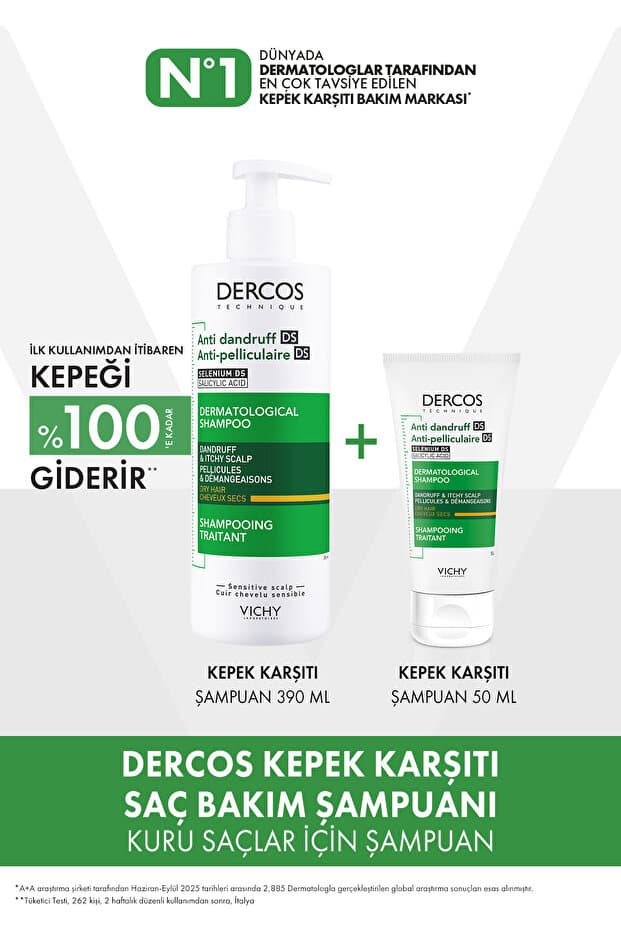Vichy Dercos Kuru Saçlar İçin Kepek Karşıtı Şampuan Seti: Anti Dandruff Şampuan 390 ml & Şampuan 50 ml