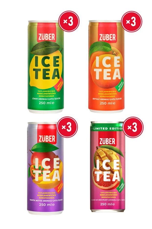 Züber Ice Tea Soğuk Çay Deneme Paketi 250ml x 12 Adet (Limon, Şeftali, Tropik, Mango&Greyfurt)