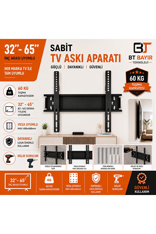bt bayır teknoloji Tüm Markalar Ile Uyumlu Televizyon Duvar Asma Aparatı 37”-40”-50”-55”-65” Inç Arası