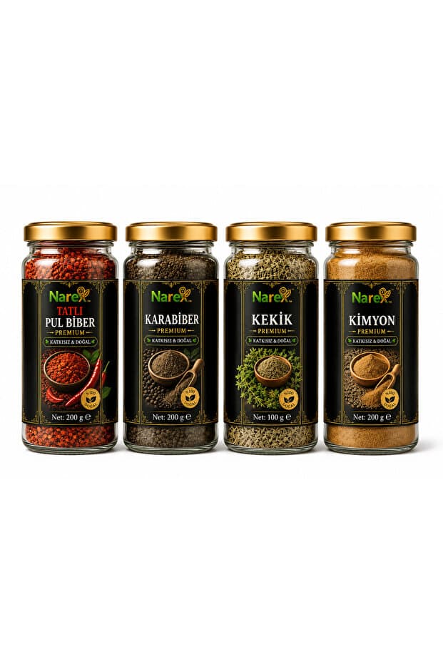 NAREX 4’lü Premium Baharat Seti Tatlı Pul Biber Karabiber Kekik Kimyon Cam Kavanoz