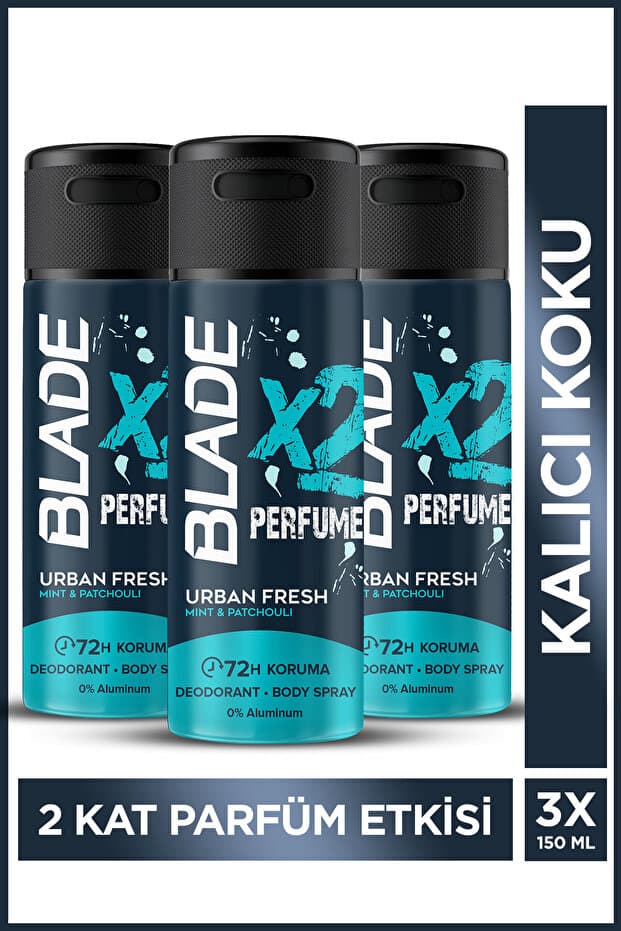 Blade X2 Perfume Urban Fresh Erkek Deodorant Body Spray 3x150 Ml Leke Bırakmaz %0 Alüminyum