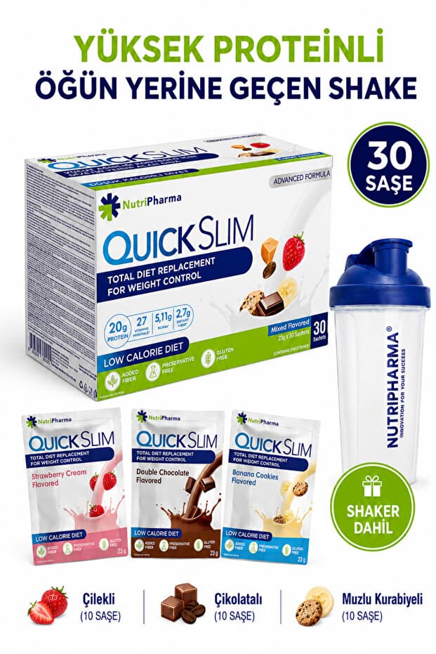 NUTRIPHARMA Quick Slim Öğün Yerine Geçen Shake, Karışık Kutu, 30 Saşe, Öğün Tozu, Protein Shaker