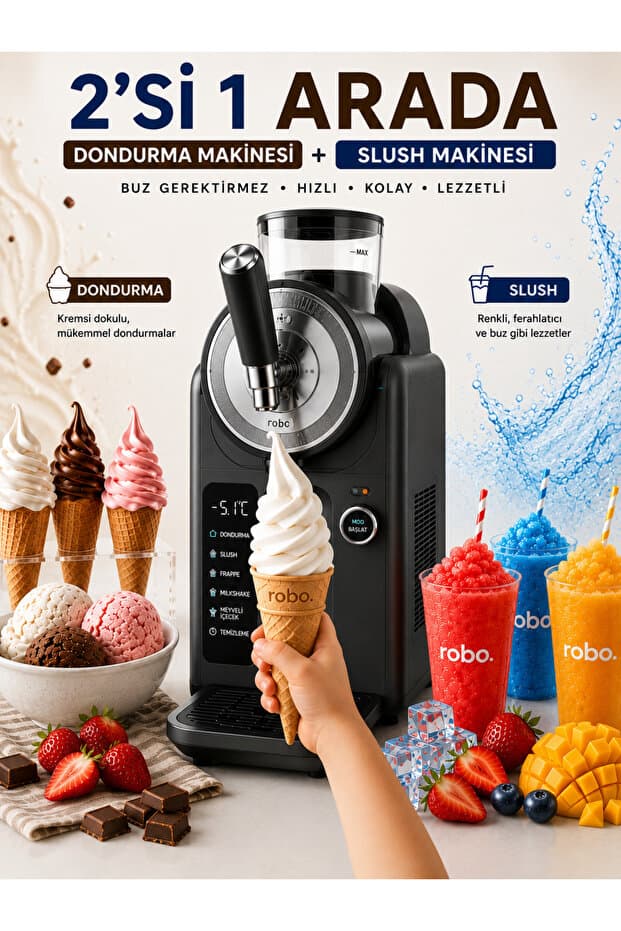 ROBO 2'si Bir arada Dondurma ve Slush (buzlaş) Makinesi Gri