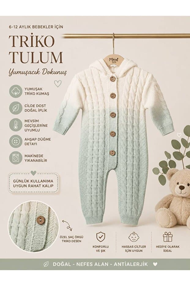 LİRONA 6-12 Ay Bebek Kapüşonlu Triko Tulum | Örgü Desenli Yumuşak Dokulu Kışlık Bebek Tulum