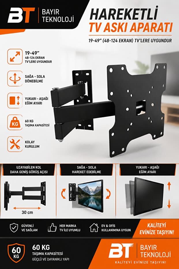 bt bayır teknoloji 19''-22'' 30'' 32'' 40'' 42'' 43''-49'' Inch Inç Led Tv Hareketli Askı Aparatı