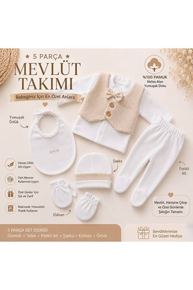 LİRONA 5 Parça Bebek Mevlüt Takımı %100 Pamuk Erkek Bebek Hastane Çıkışı Seti
