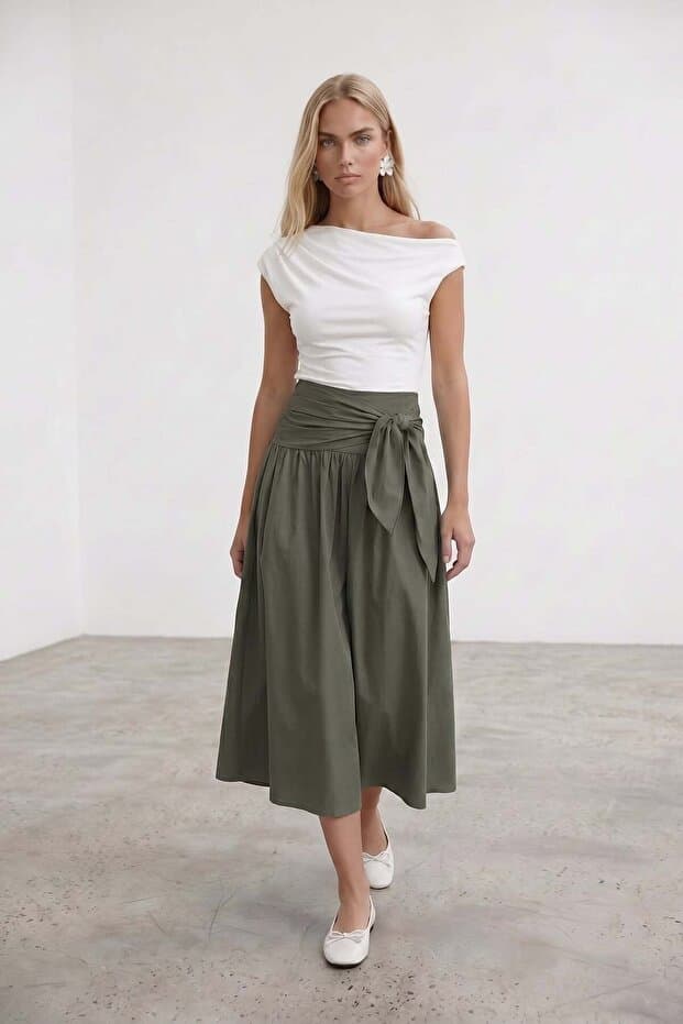 Trend Alaçatı Stili Kadın Haki Beli Bağlamalı Fermuarlı İçi Astarlı Midi Poplin Etek Alc-X15519