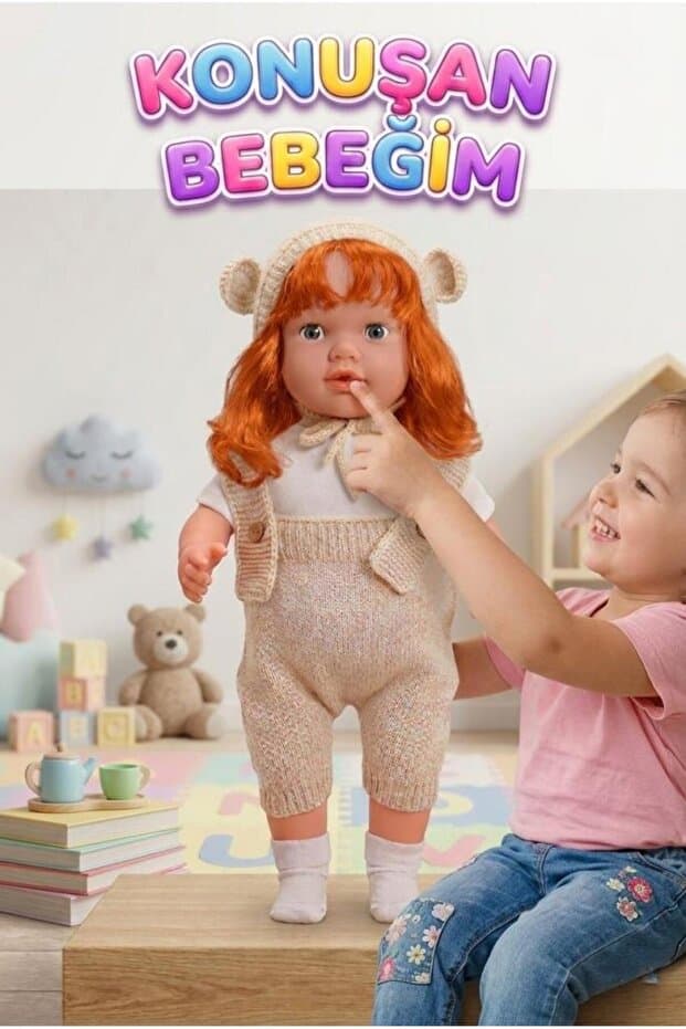 Tıfıl Toys Konuşan Bebeğim 60 cm Türkçe Konuşan Örgü Tulum ve Şapkalı Kafası Bacakları Kolları Et Oyuncak Bebek