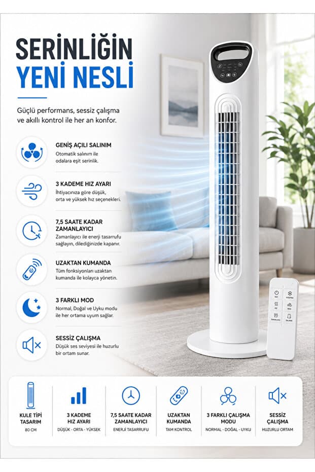 SMAYLİNG Sessiz Kule Vantilatör 80cm Uzaktan Kumandalı, 3 Hızlı, Salınımlı, Taşınabilir Fan