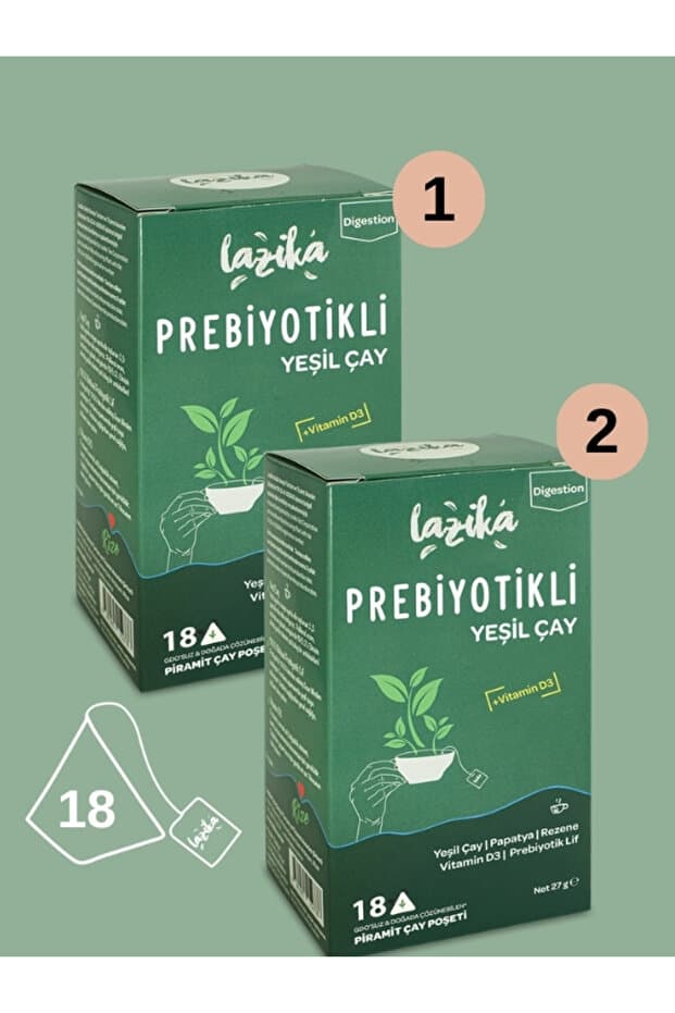 LAZİKA (2'li Set) Prebiyotik Yeşil Çay (54 G) - Bitkisel Prebiyotik Lif, Papatya, Rezene (2x18 Poşet)