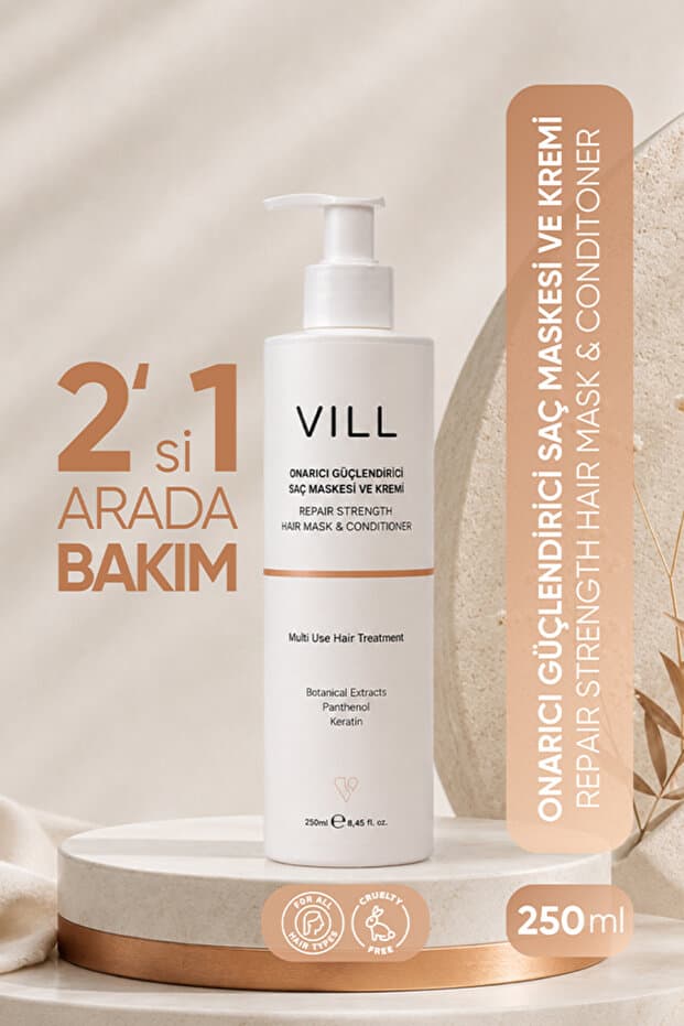 Vill 2’si 1 Arada Saç Maskesi ve Bakım Kremi 250 ml Durulanan veya Durulanmayan Kullanım, Hidrolize Keratin, Panthenol ve 5 Bitkisel Öz İçeren