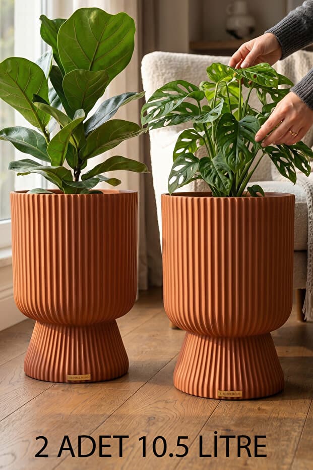 TEMMUZ HOME 2 Adet 10.5 Litre Büyük Boy Çizgili Ayaklı Saksı - Lotus 3 No (Deliksiz Bir Saksıdır)