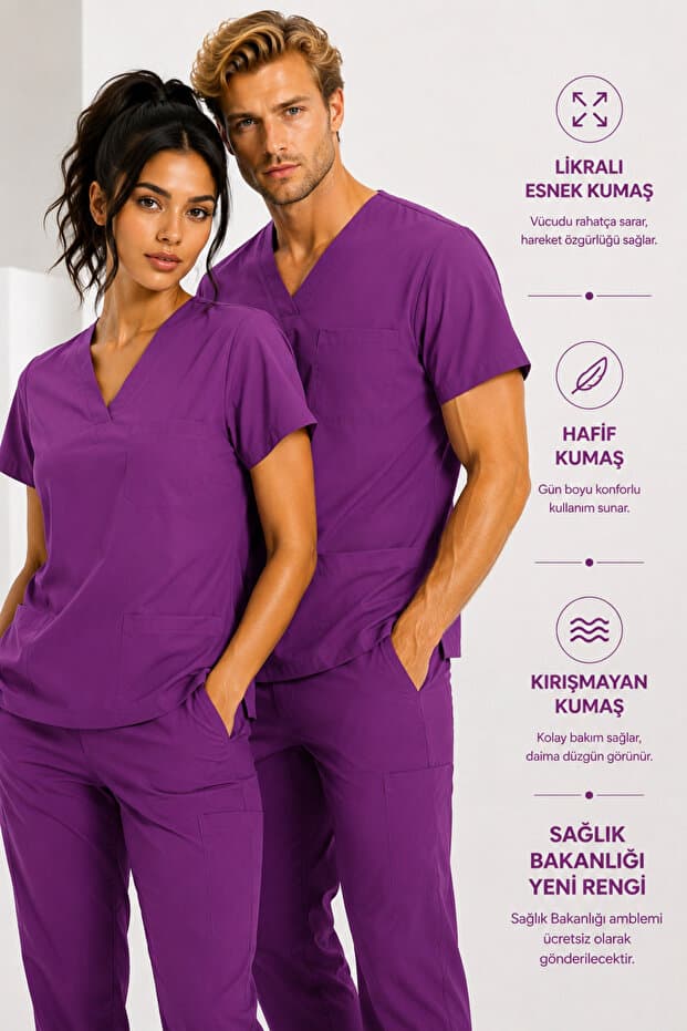 KARGA ÜNİFORMA Likralı Scrubs Medikal Üniforma, Hemşire Doktor Hastane Forması, Erkek ve Kadın, Sağlık Personeli Üniformaları, Lacivert, Mor, Bej, Gri, Bordo, Kahve, Turuncu, Mavi, Mint, Çağla Yeşili, Yeşil, Haki