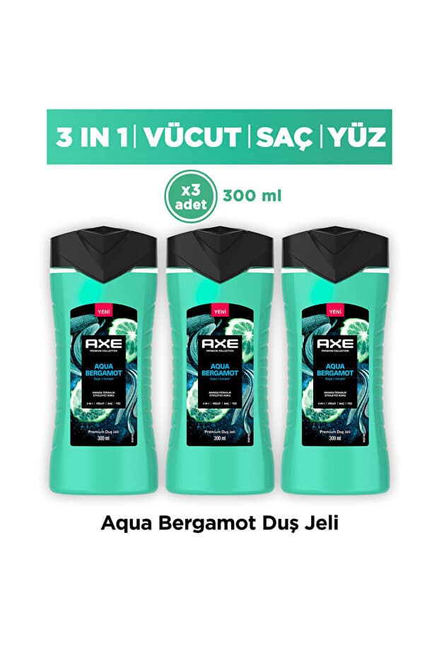 Axe Premium Collection Duş Jeli Aqua Bergamot 3in1 Vücut Saç Yüz 300 ml x3