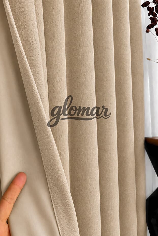 GLOMAR Keten Blackout Bej Fon Perde Karartma Düz PİLESİZ Kornişli Ultra Yoğun Keten Işık Geçirmez