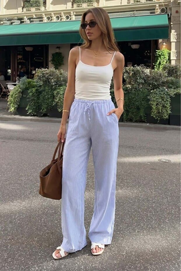 Madmext Mavi Beli Ayarlanabilir Bol Paça Dökümlü Çizgili Pantolon MG2087