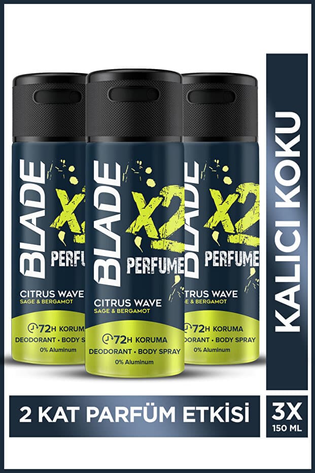 Blade X2 Perfume Citrus Wave Erkek Deodorant Body Spray 3x150 Ml Leke Bırakmaz %0 Alüminyum